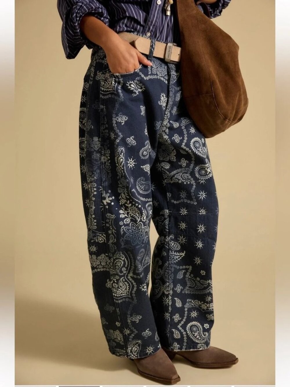 NEW Free People We the Free Good Luck Mid Rise Barrel Bandana Jeans Womens 24